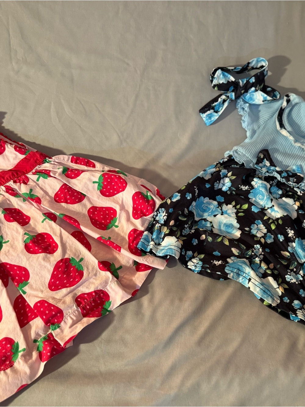 Strawberry Print Pink Skirt + Blue Floral Two-Piece Set w/hair tie.Sz 18-24 mo